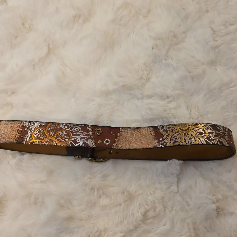 Vintage Fossil Y2k Belt Brown Leather Metallic Accents Studding Womens M